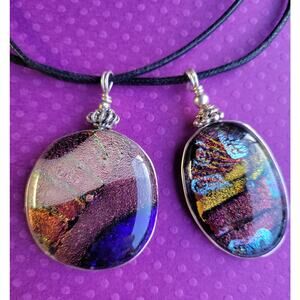 Two Sterling Wrapped Fused Dichroic Glass Pendant Necklaces Handmade Glass Gifts